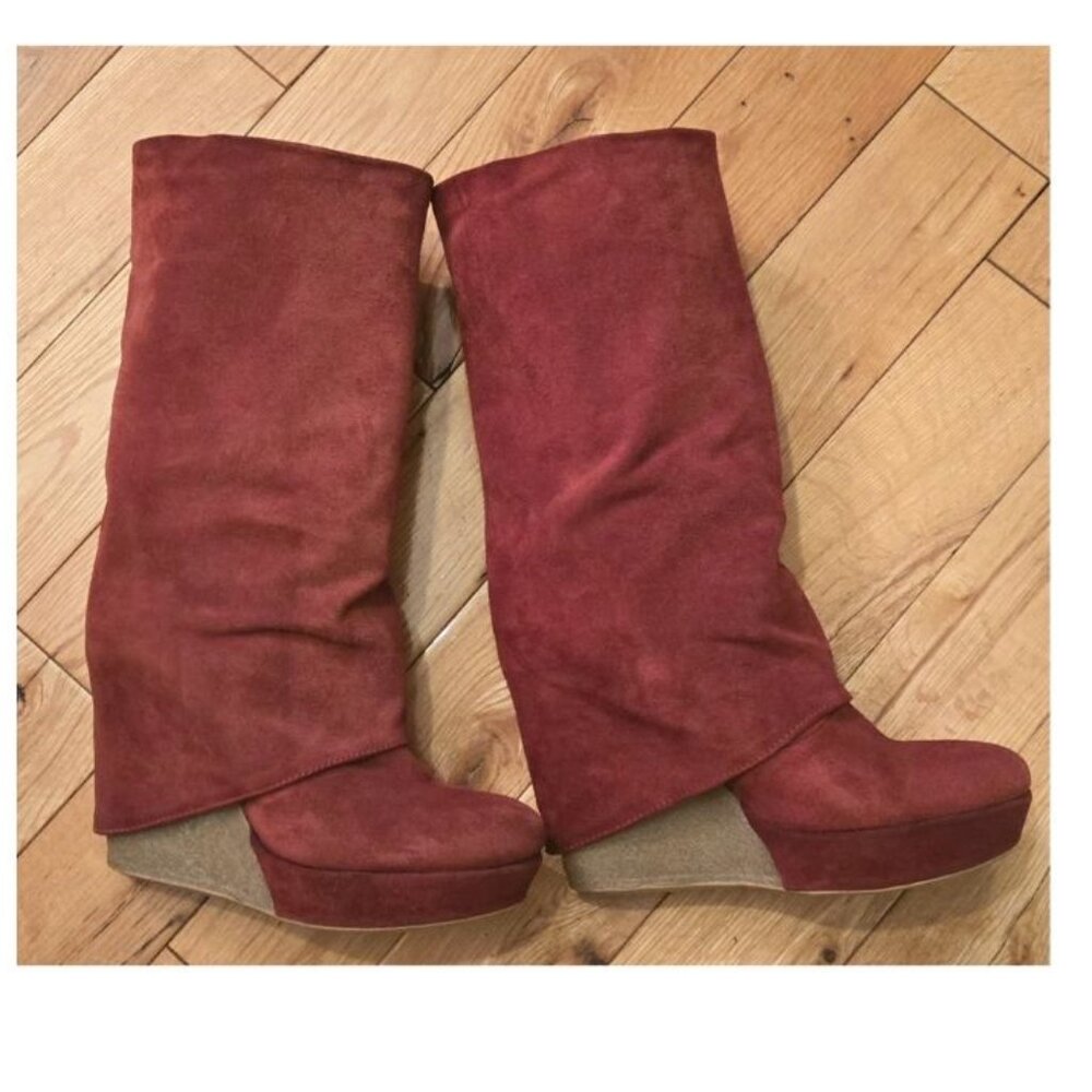 Red Slouchy Foldover Italian Suede Boots Size 8